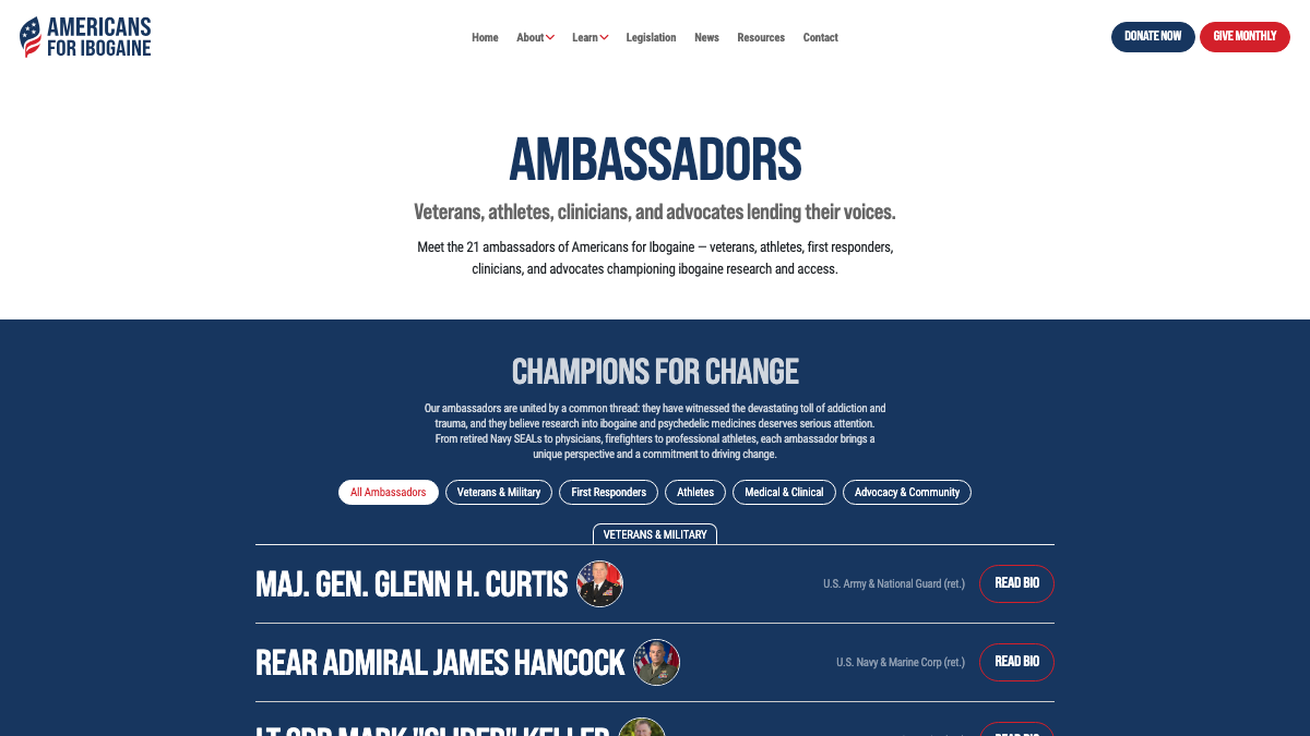 Americans for Ibogaine ambassadors page organizing 21 veterans, athletes, clinicians, and advocates into filterable categories with expandable bios