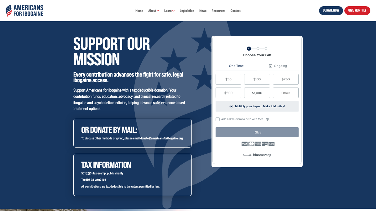Americans for Ibogaine donation page with one-time and monthly giving options powered by Bloomerang