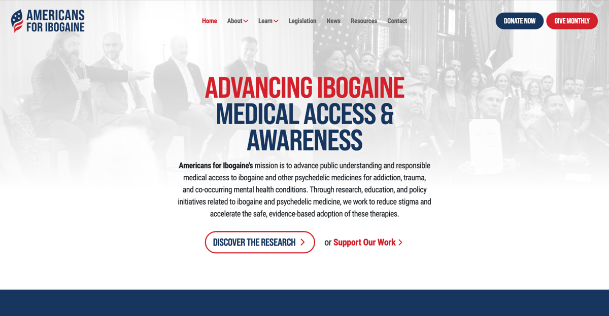 Americans for Ibogaine's redesigned homepage after the custom JAMstack rebuild, featuring mission-driven messaging and prominent donation calls-to-action