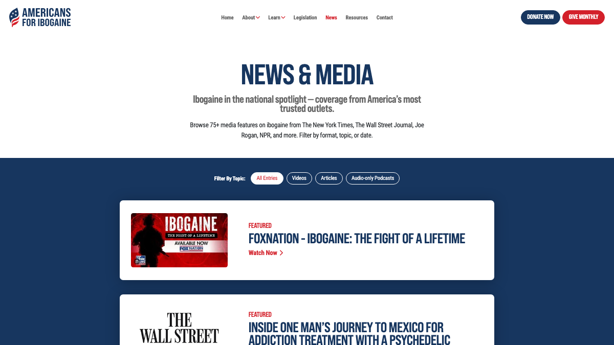 Americans for Ibogaine filterable news and media library featuring 75+ features from Fox Nation, The Wall Street Journal, and national podcasts