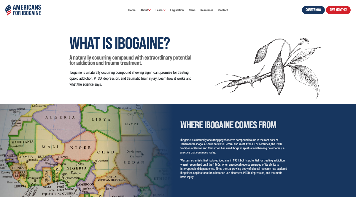Americans for Ibogaine What Is Ibogaine education page explaining the naturally occurring compound's potential for addiction and trauma treatment