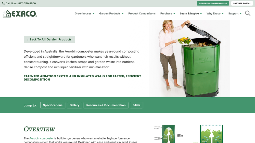 Exaco Aerobin composter product page with specifications, gallery, resources, and FAQs