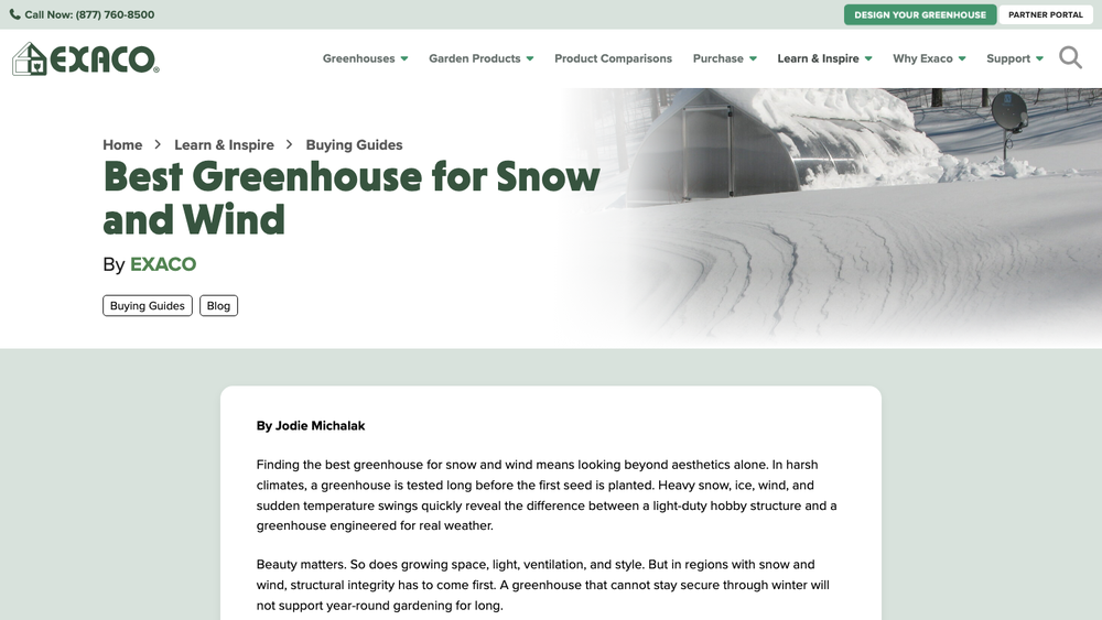 Exaco buying guide article on the best greenhouse for snow and wind from the Learn and Inspire content hub