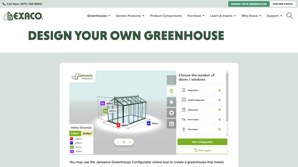 Design Your Own Greenhouse configurator on the Exaco website powered by Janssens AluSystems