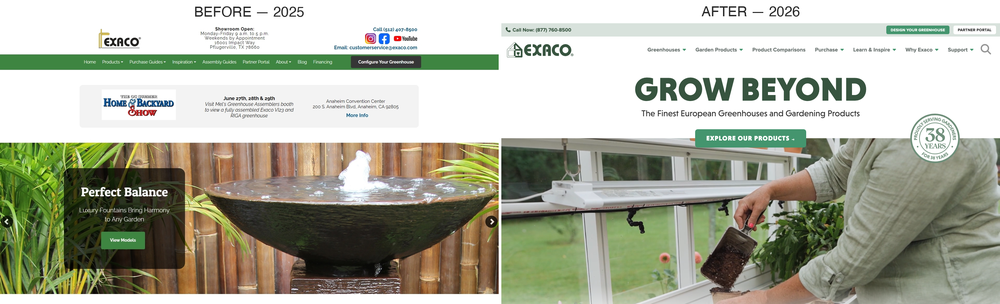 Side-by-side comparison of the old exaco.com PHP homepage and the redesigned 2026 Grow Beyond homepage