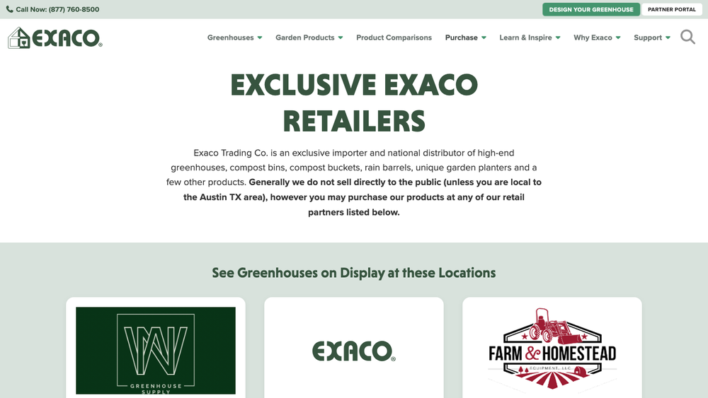 Exaco exclusive retailers page routing greenhouse buyers to retail partners like Costco and Home Depot