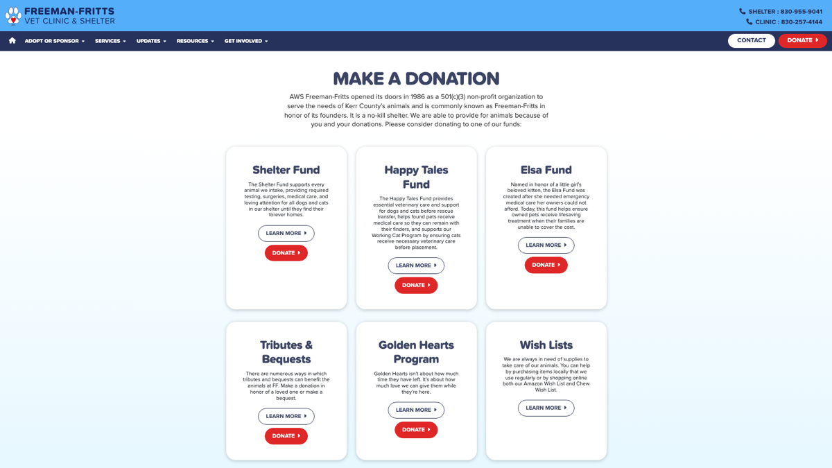 Freeman-Fritts donation page with fund-directed giving across six programs including the Shelter Fund, Happy Tales Fund, and Elsa Fund