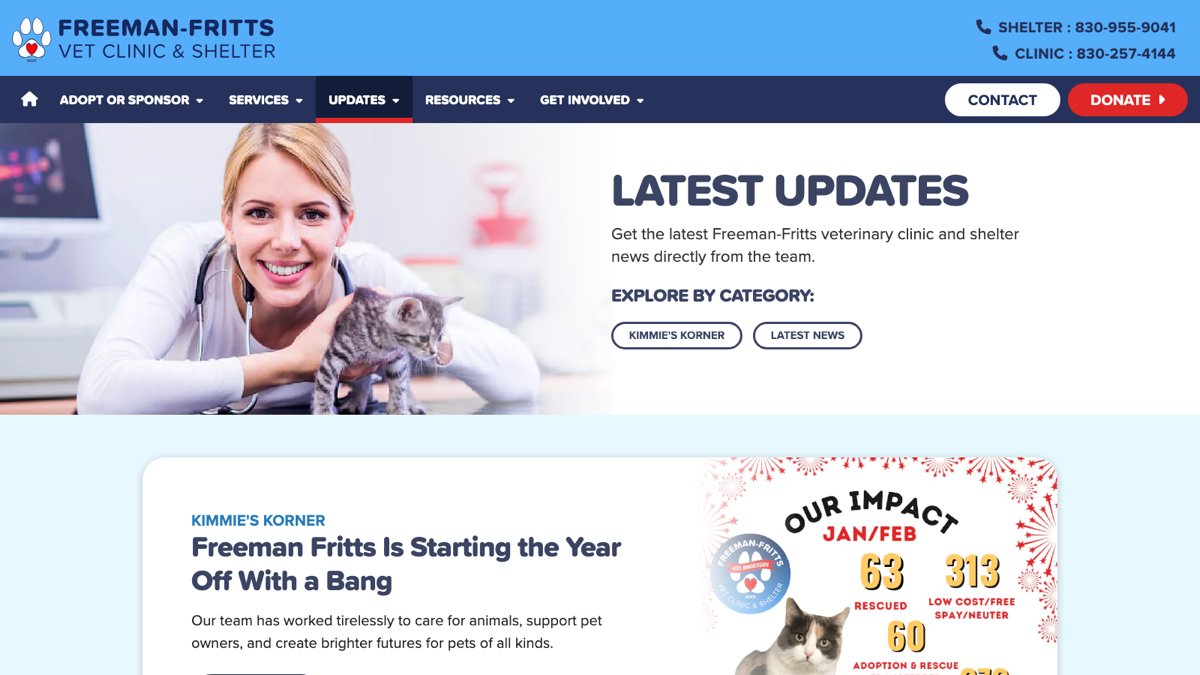 Freeman-Fritts news and updates page managed by shelter staff through Decap CMS, featuring shelter impact statistics