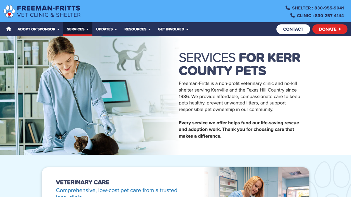 Freeman-Fritts veterinary services page design showing low-cost vet care, spay and neuter, and boarding services for Kerr County pets