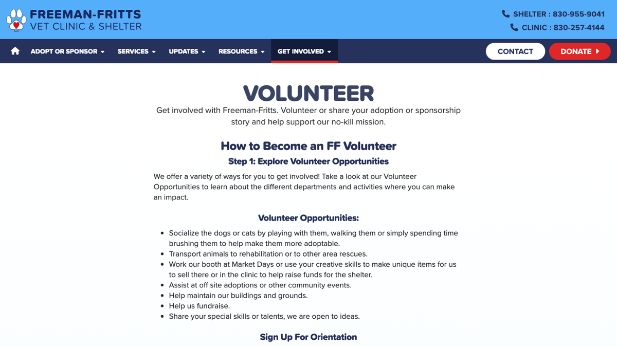 Freeman-Fritts volunteer page design outlining how to get involved with the Kerrville animal shelter