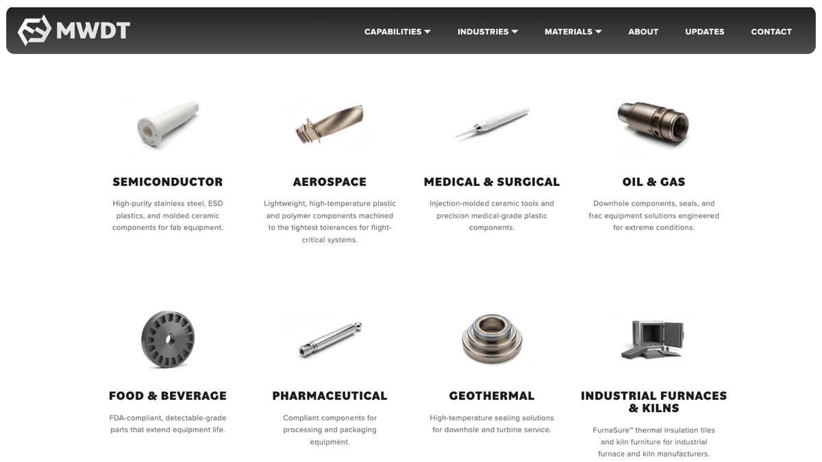 MWDT homepage industries grid — Semiconductor, Aerospace, Medical & Surgical, Oil & Gas, Food & Beverage, Pharmaceutical, Geothermal, and Industrial Furnaces & Kilns, each with a rendered representative component