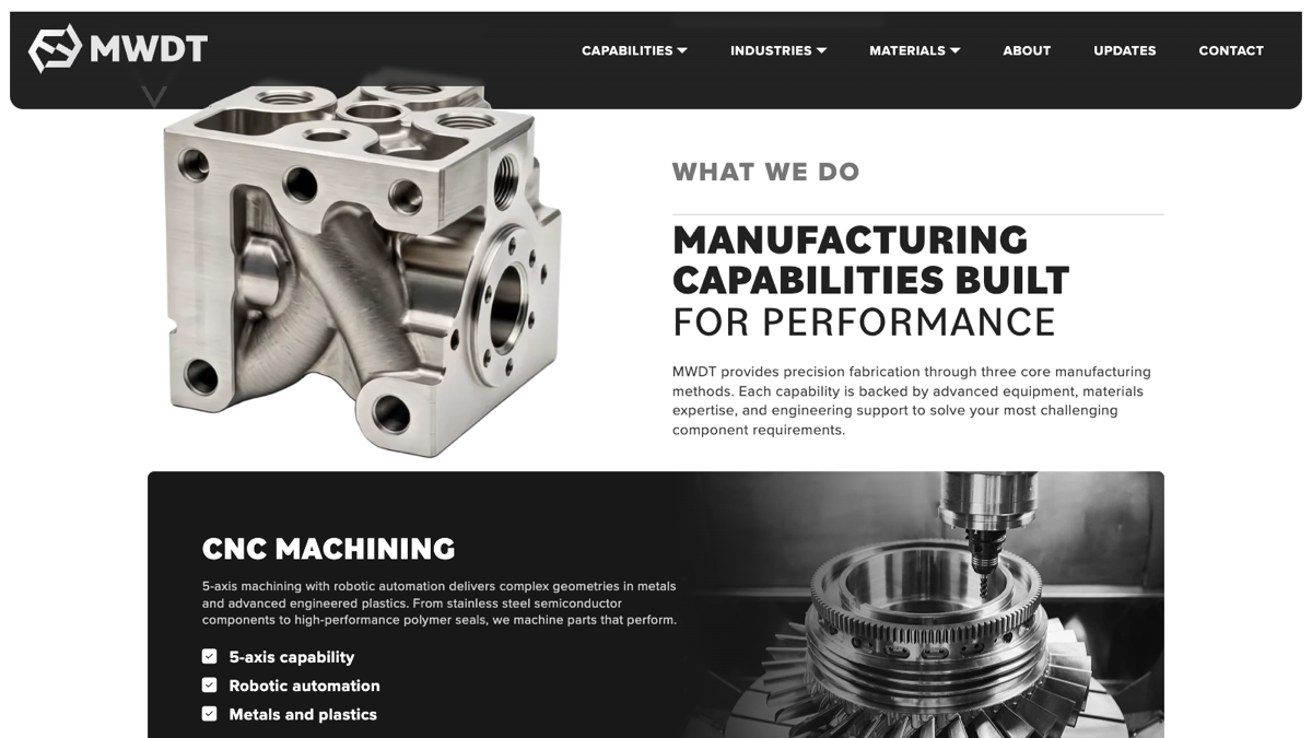 MWDT homepage — the AI-rendered machined manifold settles beside the Manufacturing Capabilities section after rotating on scroll, above a CNC Machining feature card