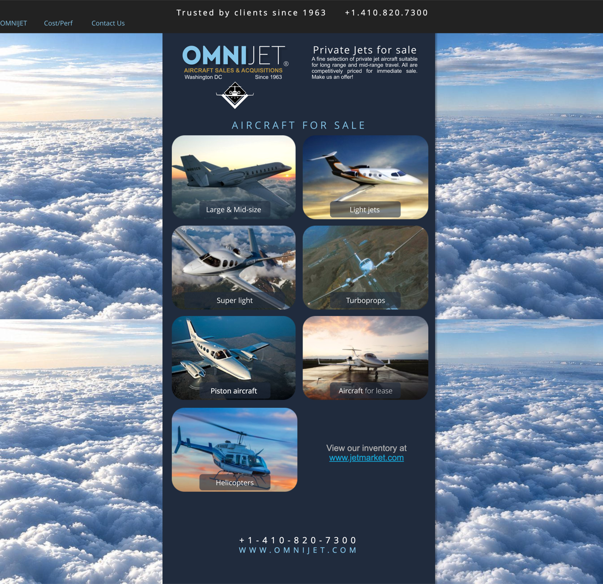 The old omnijet.com website before the redesign — a fixed-width homepage with a tiled cloud background, served from a single physical server in the company office